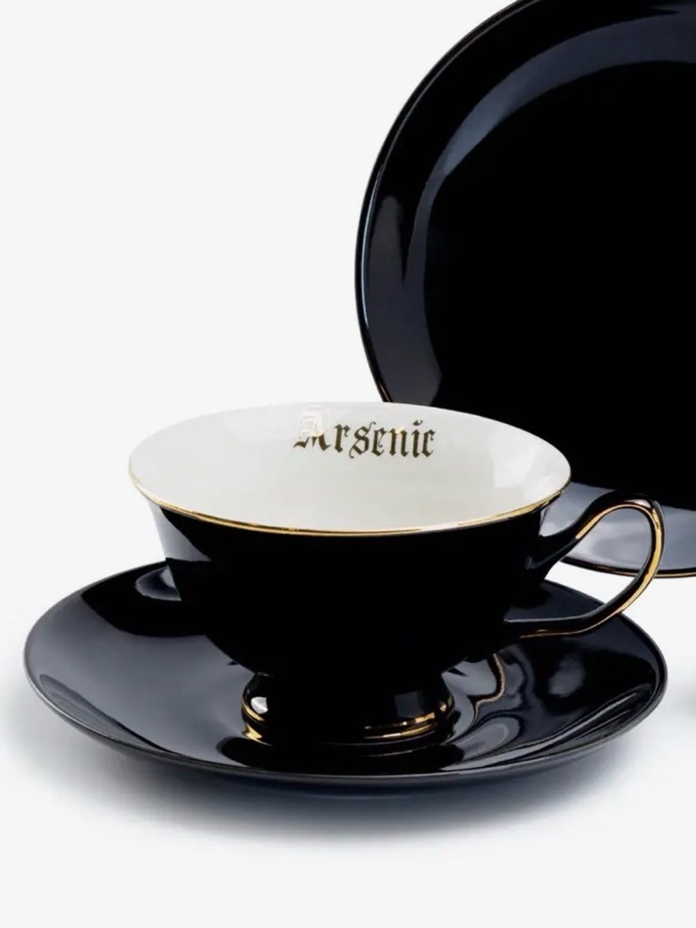 Dark Humor Teacup & Saucer | Black & Gold Ceramic | Gothic Tea Set